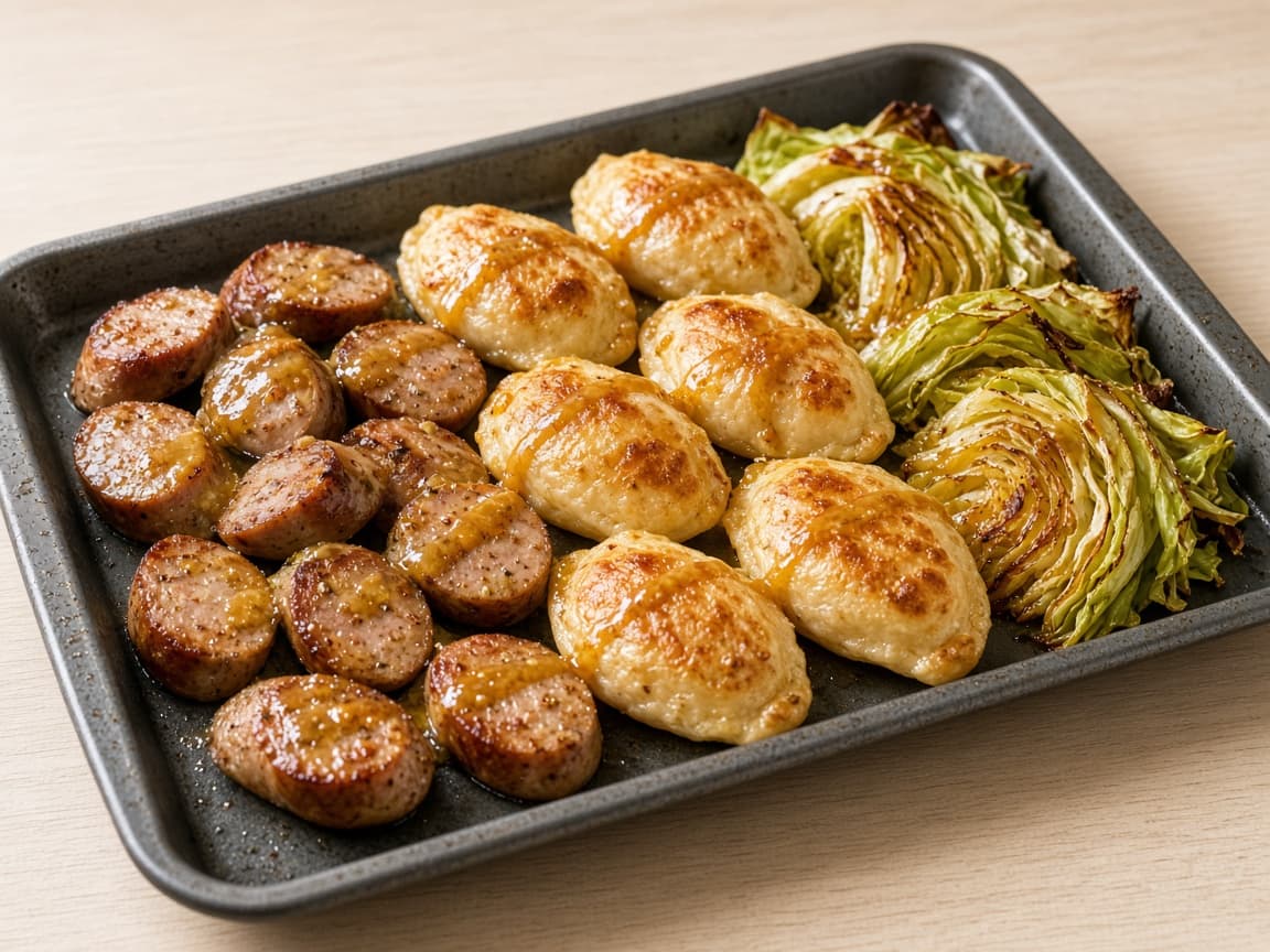 Sheet Pan Sausage, Pierogi, and Cabbage